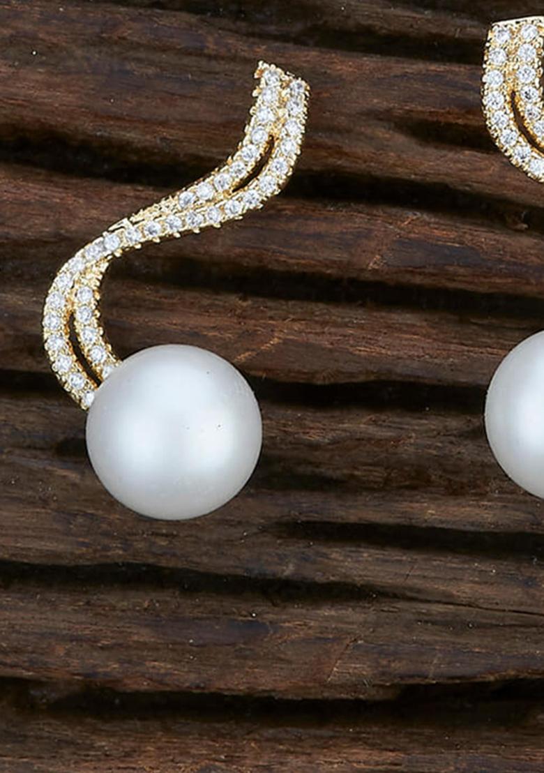 Golden White American Diamond Brass Earring - Indya