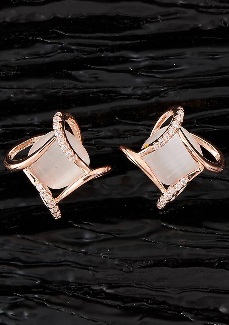 Golden White American Diamond Brass Earring - Indya