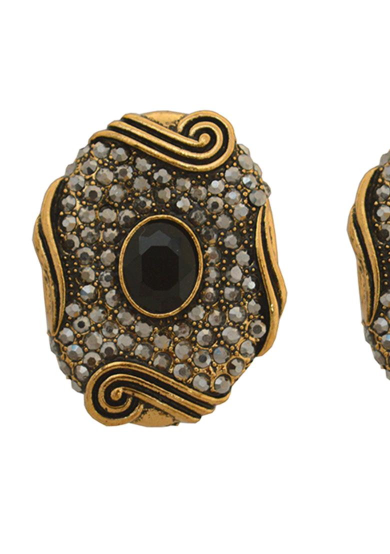 Golden Black American Diamond Brass Earring - Indya