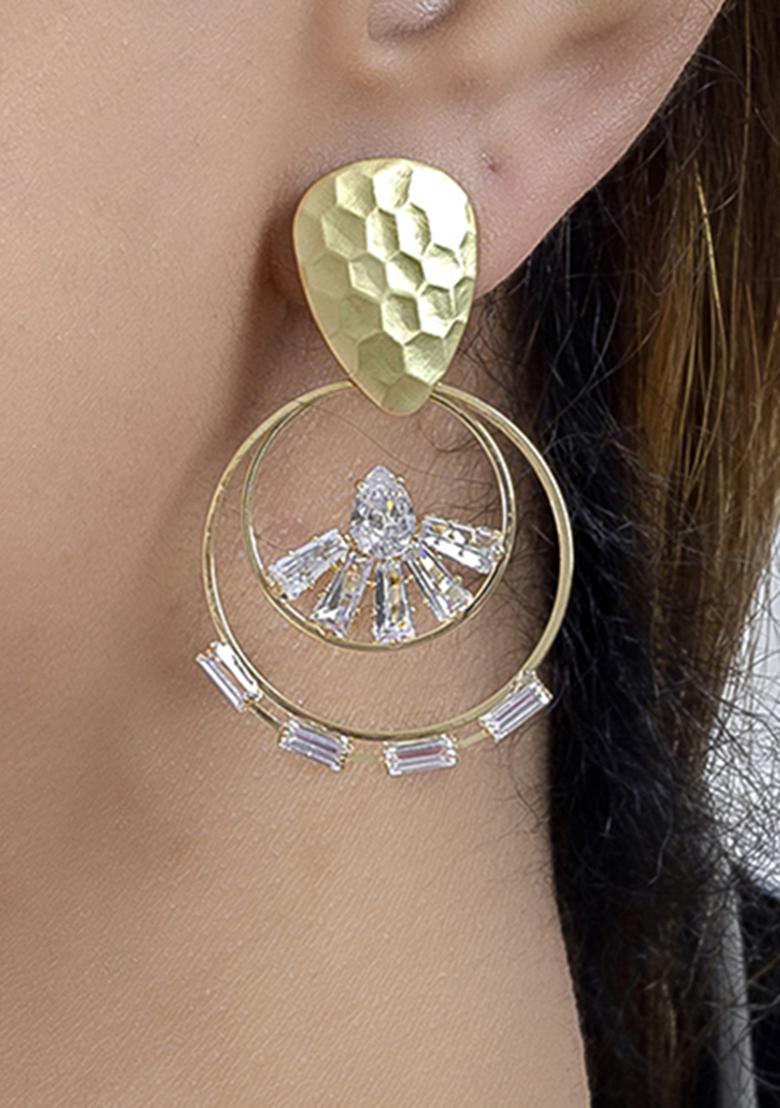 Golden White American Diamond Brass Earring - Indya