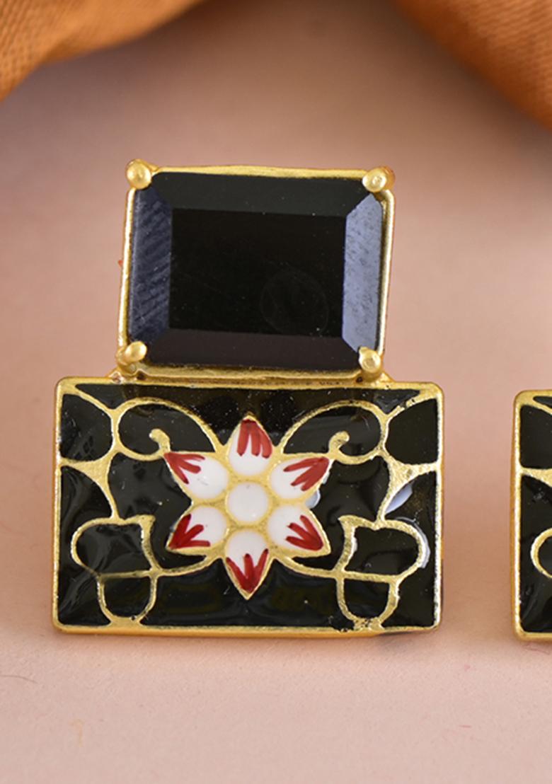 Black Onyx Stone Brass Earring - Indya