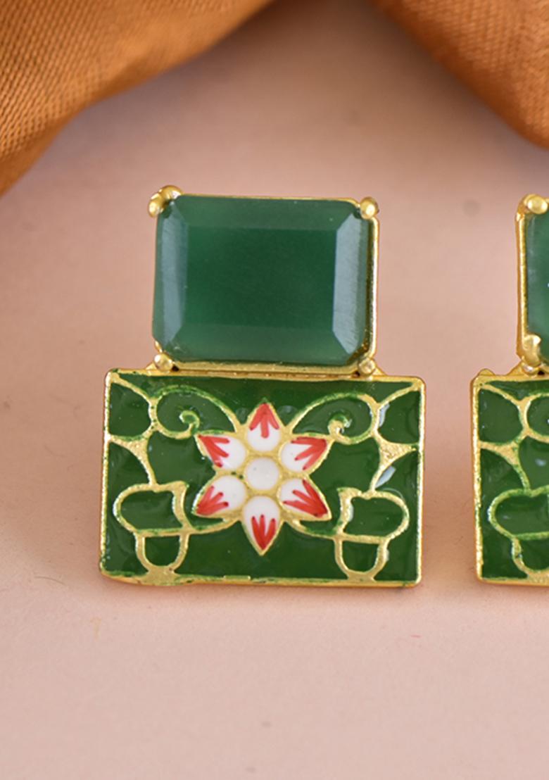 Green Onyx Stone Brass Earring - Indya