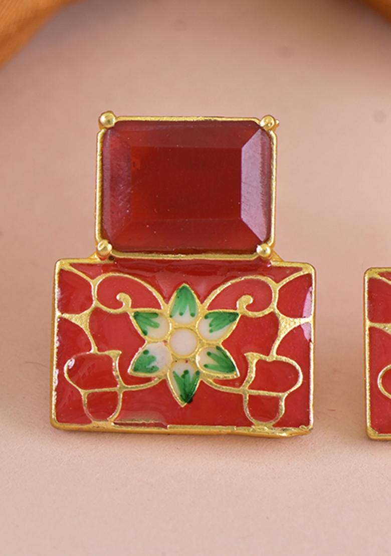 Red Onyx Stone Brass Earring - Indya