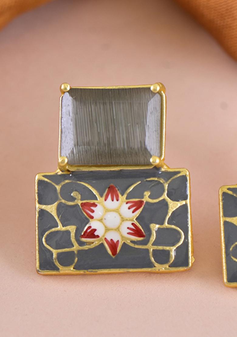 Grey Onyx Stone Brass Earring - Indya