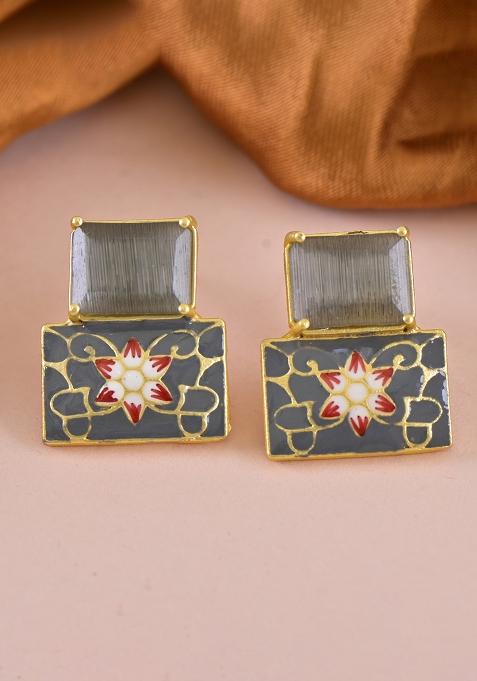 Grey Onyx Stone Brass Earring