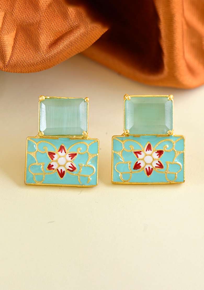 Mint Green Onyx Stone Brass Earring - Indya