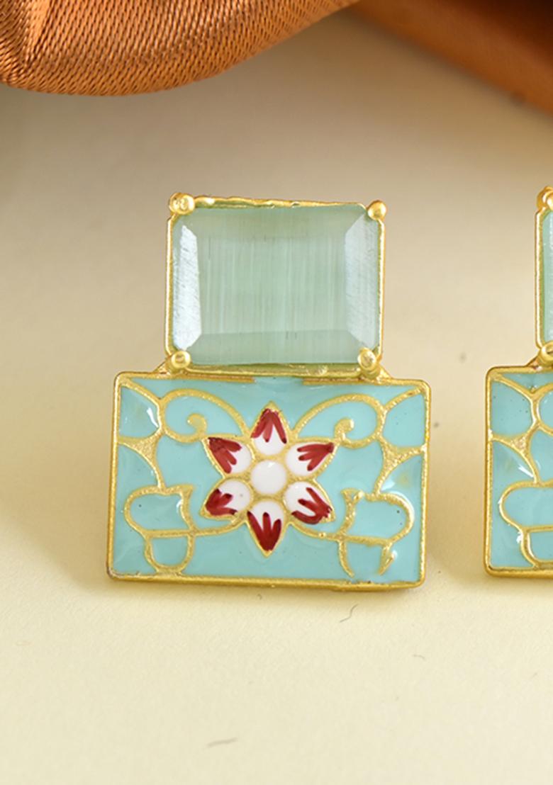 Mint Green Onyx Stone Brass Earring - Indya