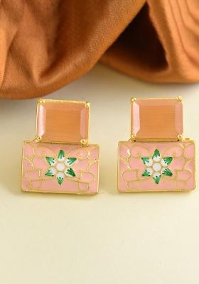 Peach Onyx Stone Brass Earring