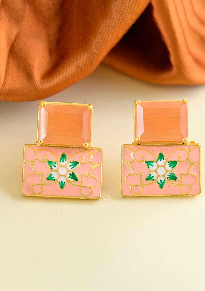 Peach Onyx Stone Brass Earring - Indya
