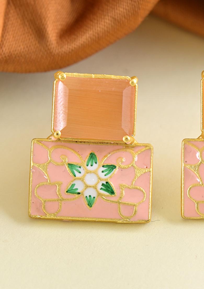 Peach Onyx Stone Brass Earring - Indya