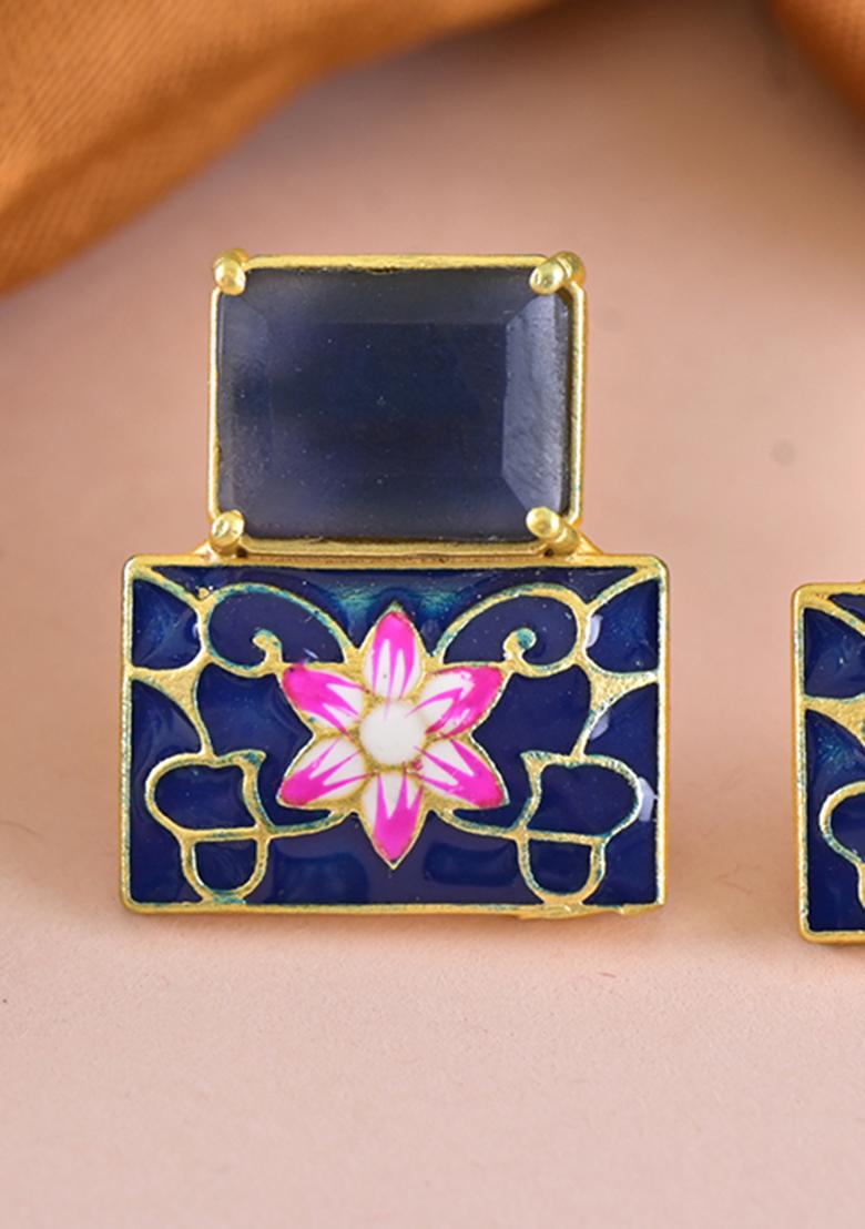 Blue Onyx Stone Brass Earring - Indya