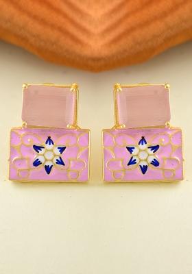 Pink Onyx Stone Brass Earring