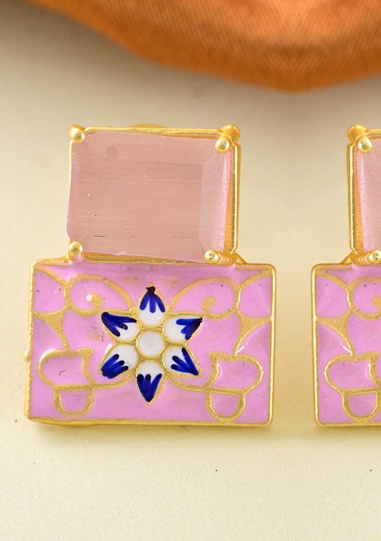 Pink Onyx Stone Brass Earring - Indya