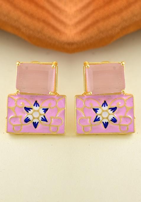 Pink Onyx Stone Brass Earring