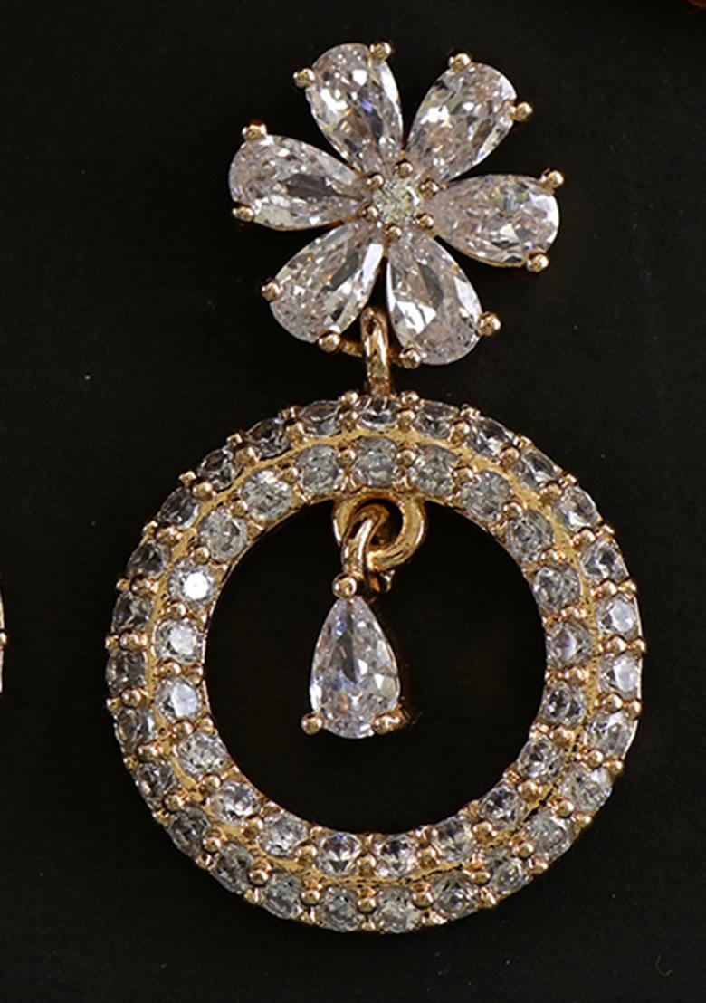 Golden White American Diamond Brass Earring - Indya