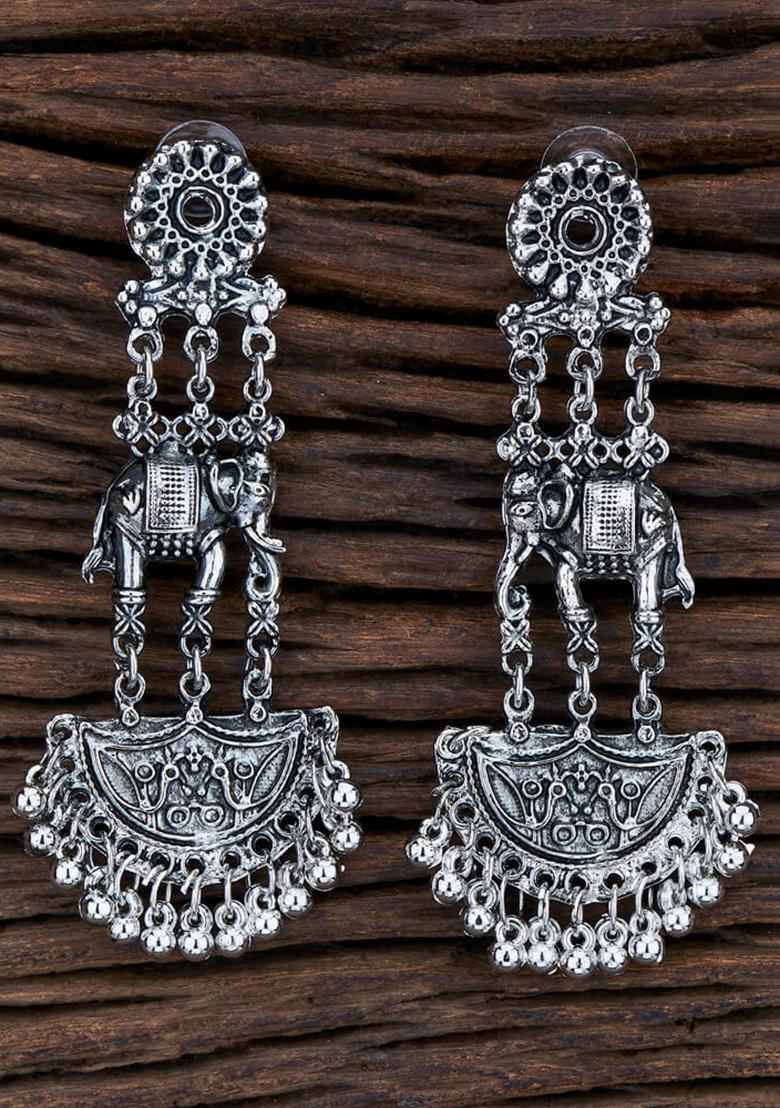 Silver Black Oxidised Elephant Earrings Earring - Indya