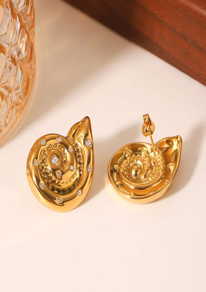 18K Plated Waterproof Anti-Tarnish Zircon Encrusted Snail Shell Stud Earrings - Indya