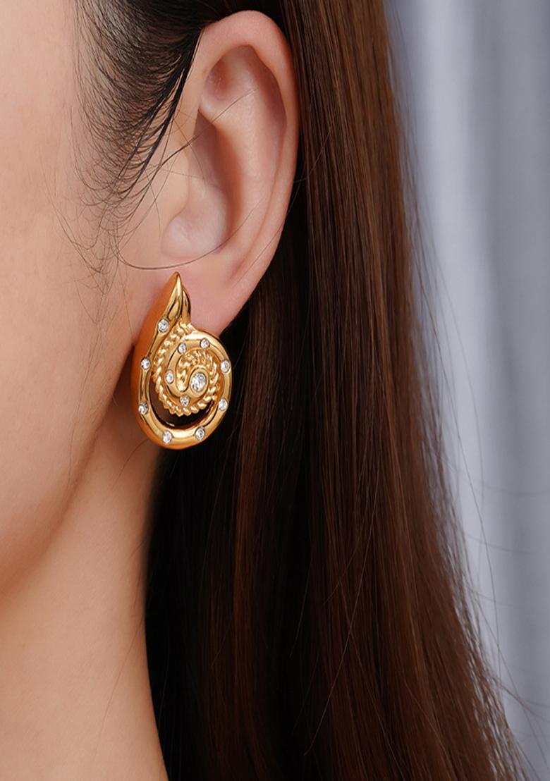 18K Plated Waterproof Anti-Tarnish Zircon Encrusted Snail Shell Stud Earrings - Indya