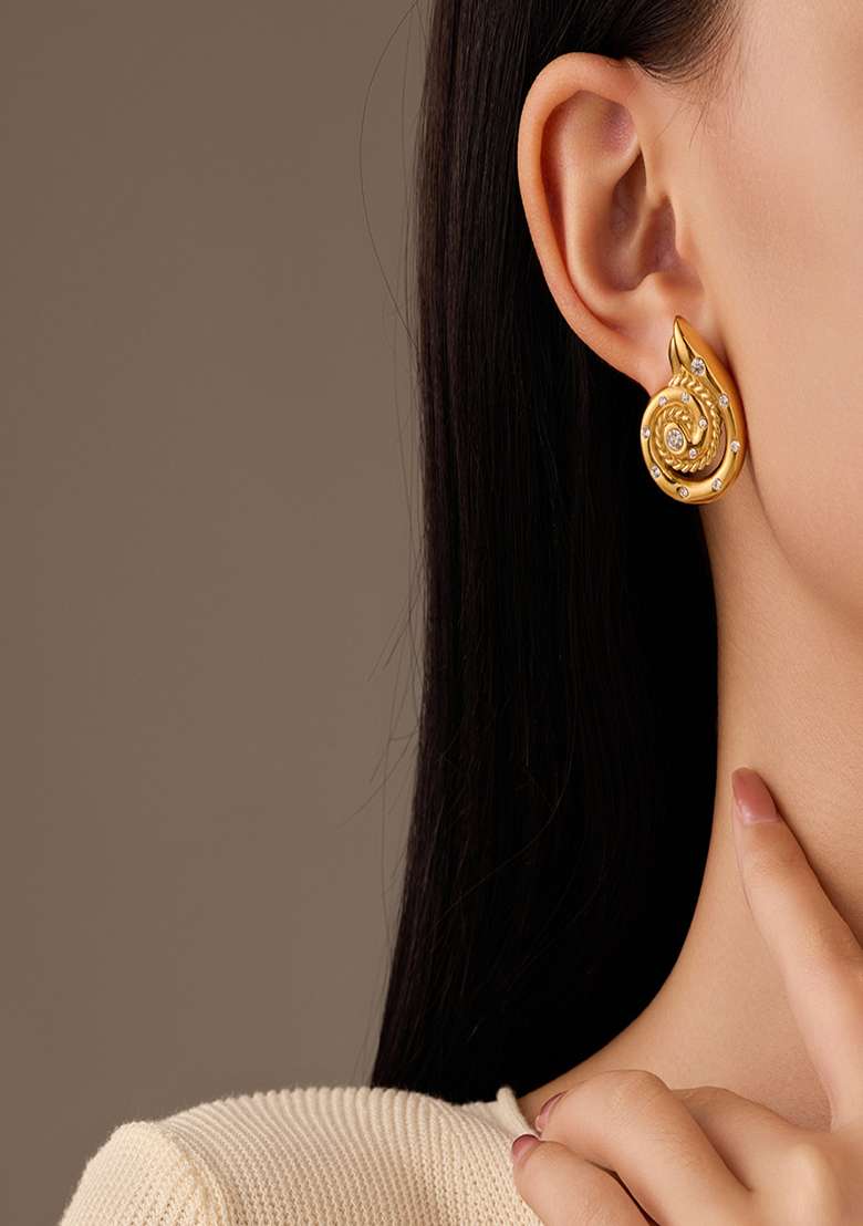 18K Plated Waterproof Anti-Tarnish Zircon Encrusted Snail Shell Stud Earrings - Indya