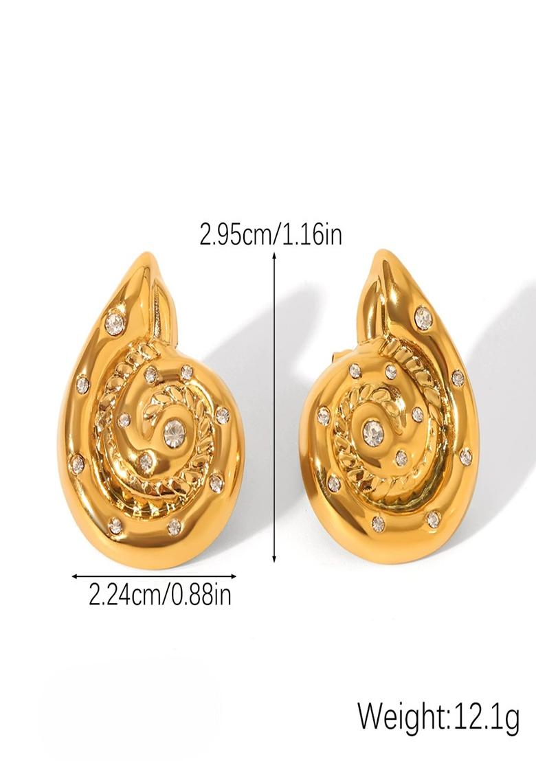 18K Plated Waterproof Anti-Tarnish Zircon Encrusted Snail Shell Stud Earrings - Indya