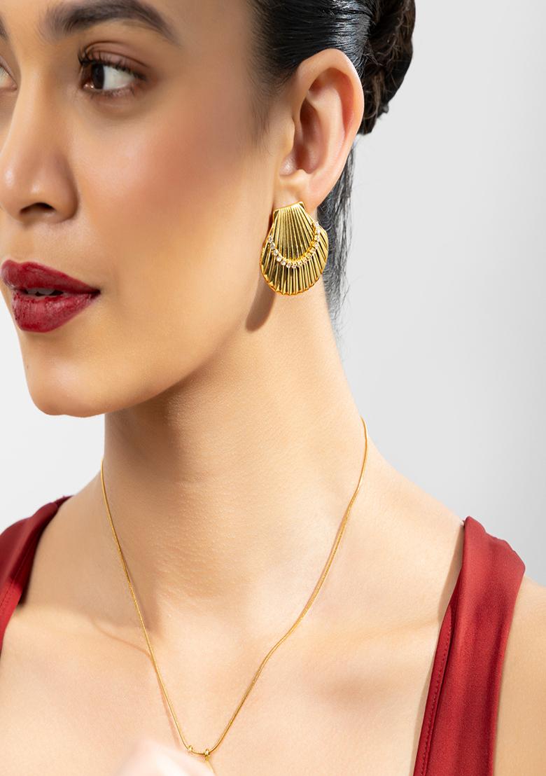 18K Gold Plated Waterproof Anti-Tarnish Zircon Shell Stud Earrings - Indya