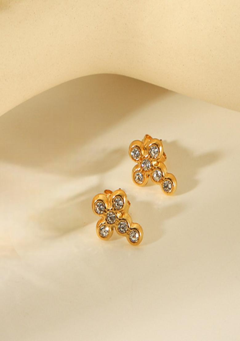18K Gold Plated Waterproof Anti-Tarnish Zircon Cross Stud Earrings - Indya