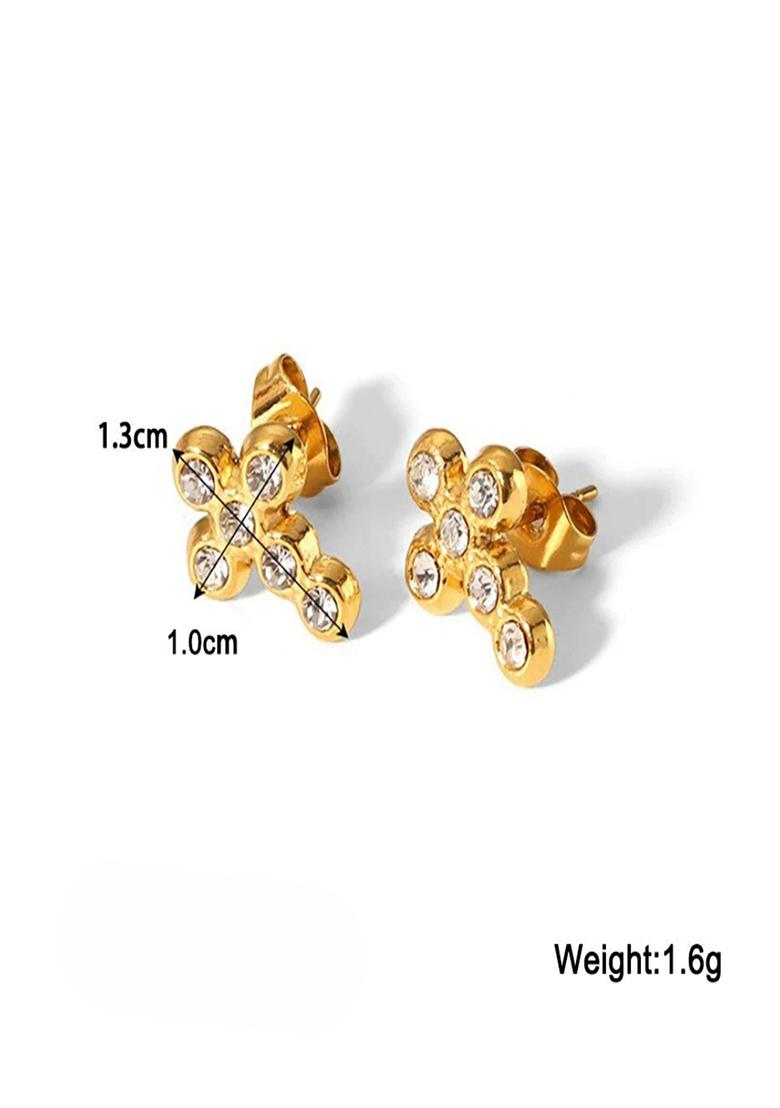 18K Gold Plated Waterproof Anti-Tarnish Zircon Cross Stud Earrings - Indya