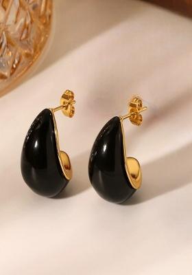 18K Gold Plated Waterproof Anti-Tarnish Black C-Enamel Shaped Half Hoop Earrings