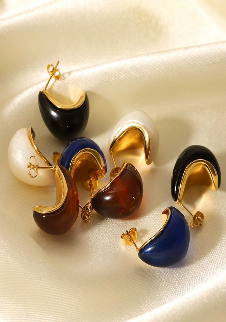 18K Gold Plated Waterproof Anti-Tarnish Black C-Enamel Shaped Half Hoop Earrings - Indya