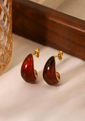 18K Gold Plated Waterproof Anti-Tarnish Red Enamel C-Shaped Half Hoop Earrings