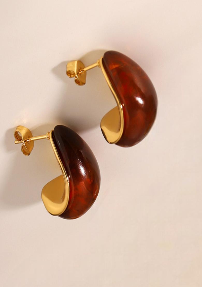 18K Gold Plated Waterproof Anti-Tarnish Red Enamel C-Shaped Half Hoop Earrings - Indya