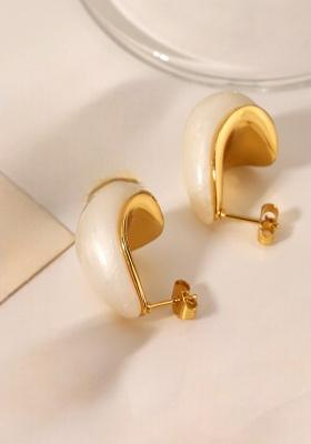 18K Gold Plated Waterproof Anti-Tarnish White Enamel C-Shaped Half Hoop Earrings