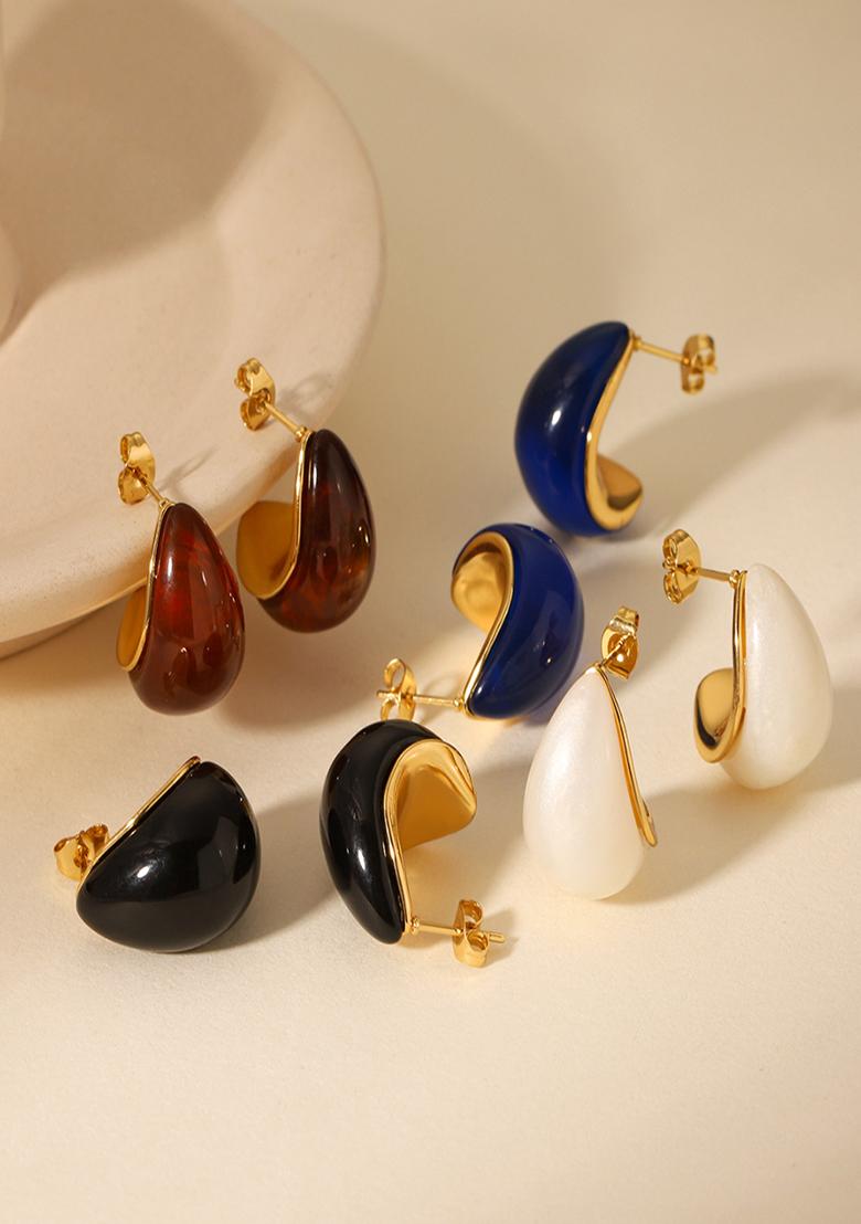 18K Gold Plated Waterproof Anti-Tarnish White Enamel C-Shaped Half Hoop Earrings - Indya