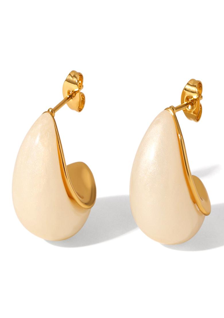 18K Gold Plated Waterproof Anti-Tarnish White Enamel C-Shaped Half Hoop Earrings - Indya