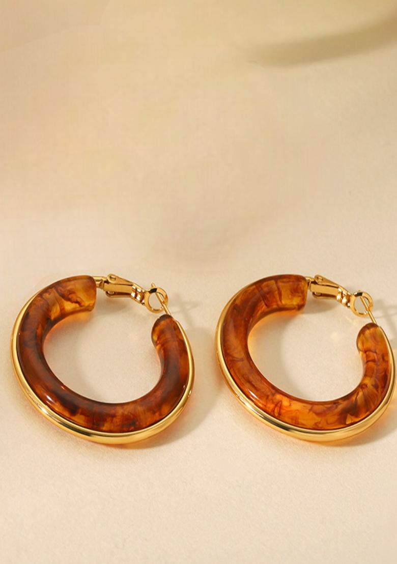 18K Gold Plated Waterproof Anti-Tarnish Brown Resin Hoop Earrings - Indya
