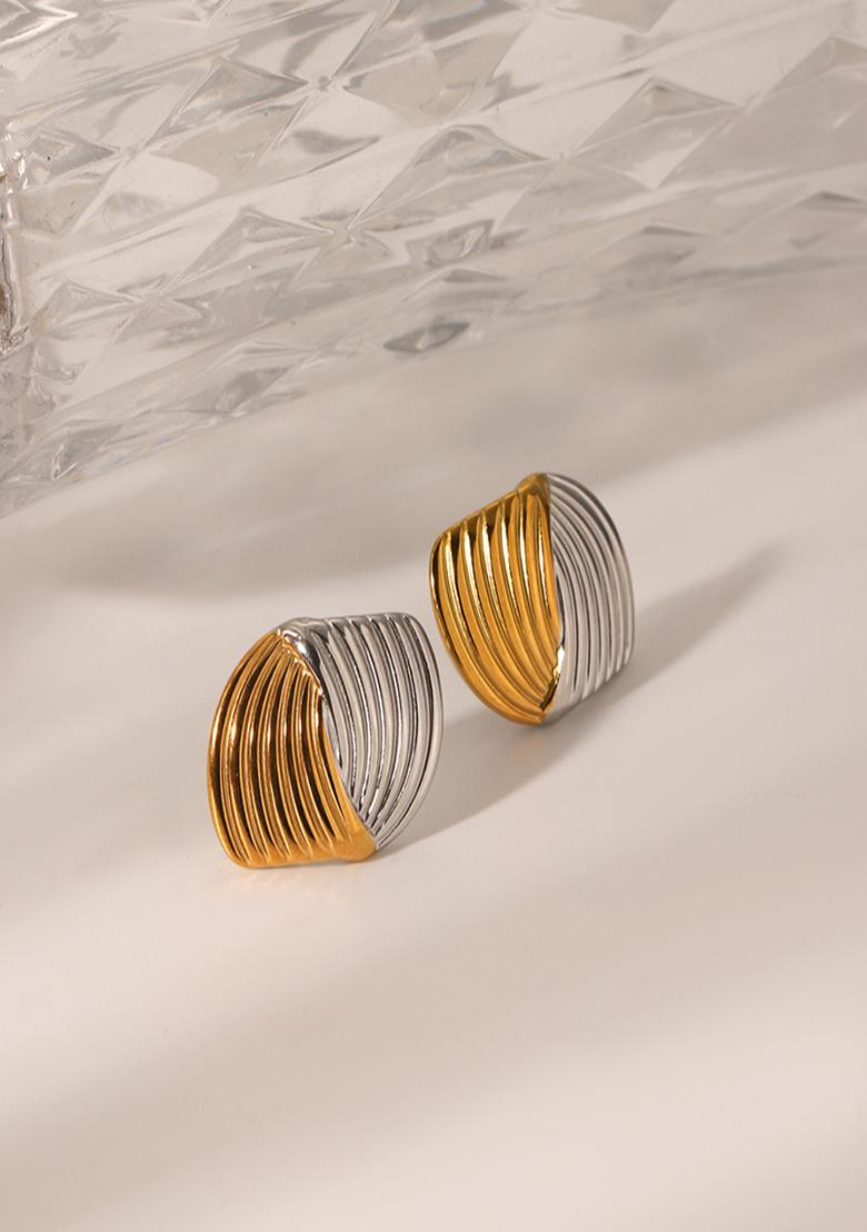 18K Plated Waterproof Anti-Tarnish Two Tone Striped Oval Stud Earrings - Indya
