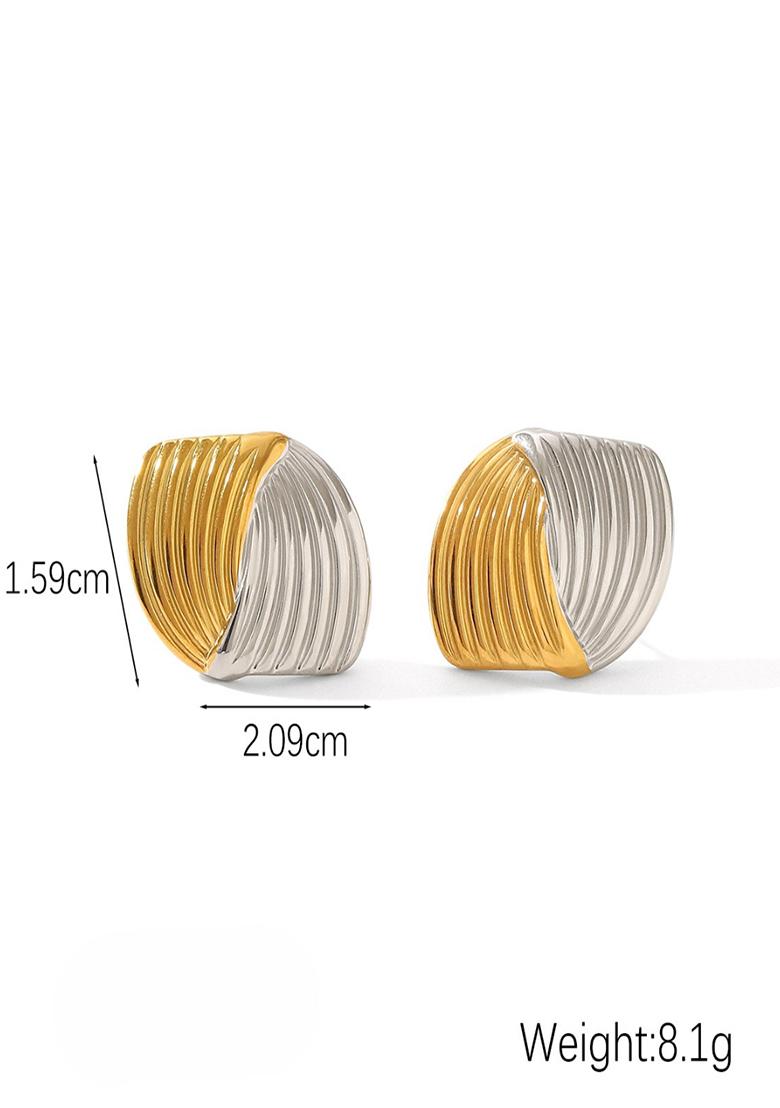 18K Plated Waterproof Anti-Tarnish Two Tone Striped Oval Stud Earrings - Indya