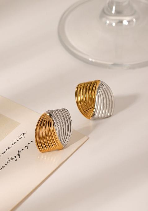 18K Plated Waterproof Anti-Tarnish Two Tone Striped Oval Stud Earrings