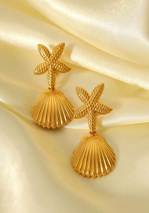 18K Gold Plated Waterproof Anti-Tarnish Starfish And Shell Drop Earrings