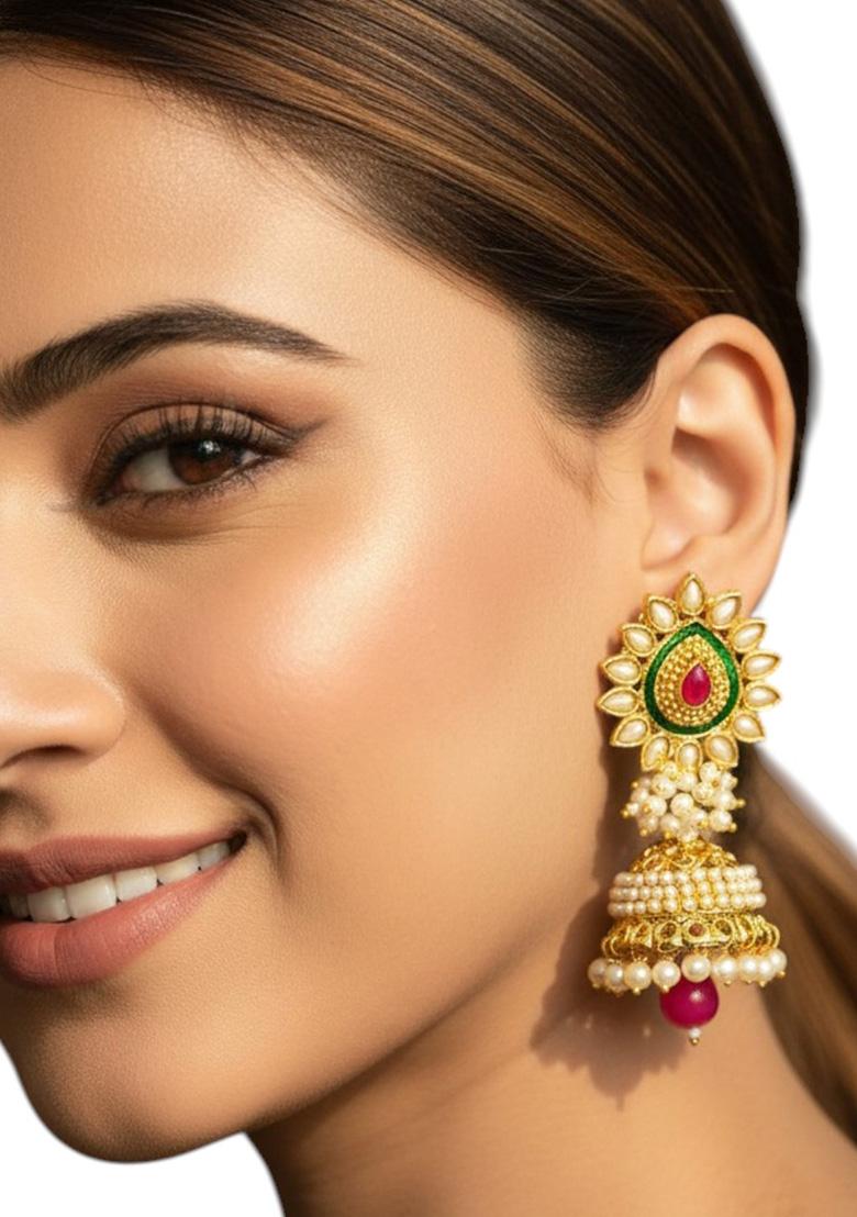 Golden Alloy Earrings - Indya