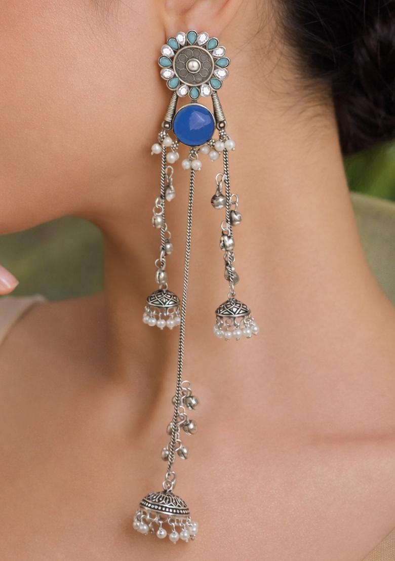 Navy Blue Brass Earrings Set - Indya