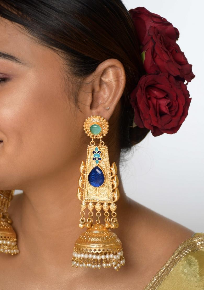 Navy Blue Brass Earrings Set - Indya