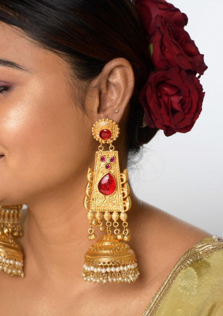 Maroon Brass Earrings Set - Indya
