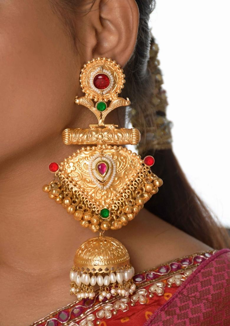 Maroon Brass Earrings Set - Indya