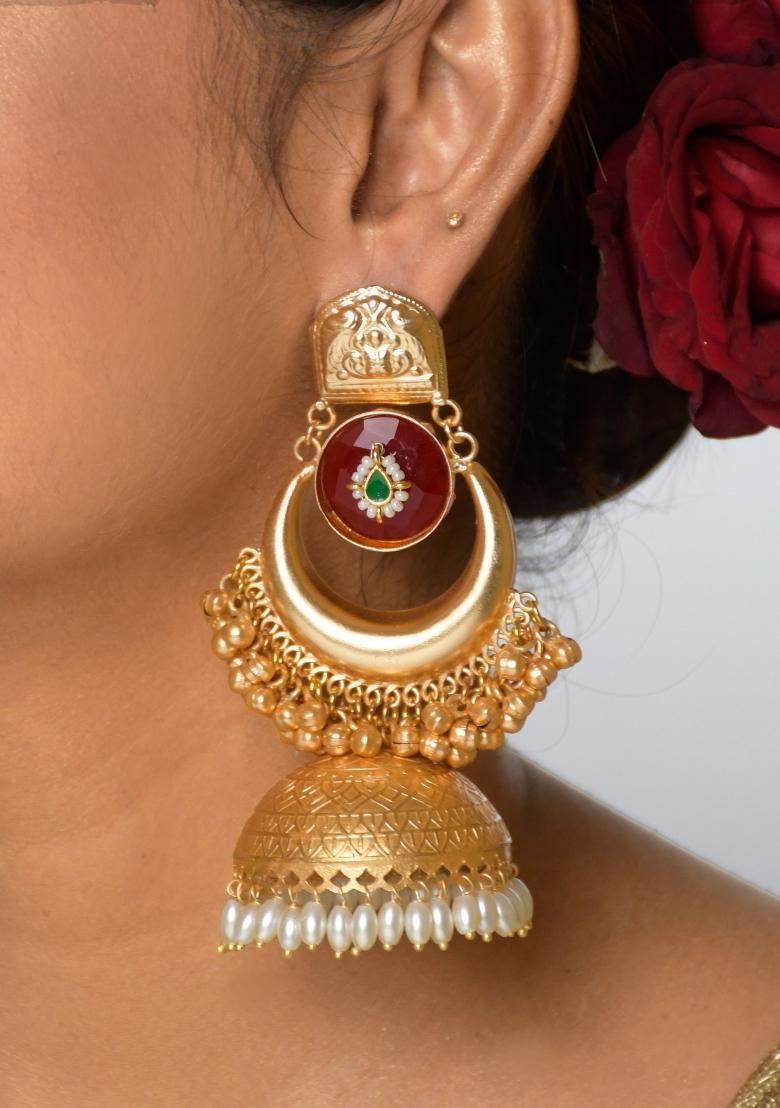 Maroon Brass Earrings Set - Indya