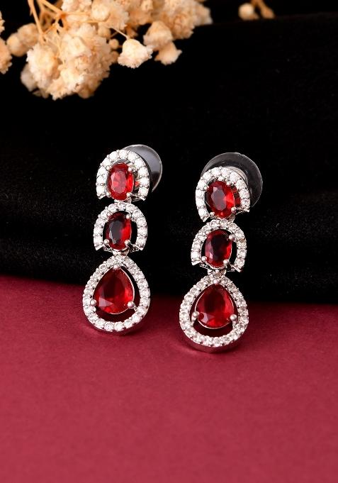 Silver Toned Red Ad Studs Earrings