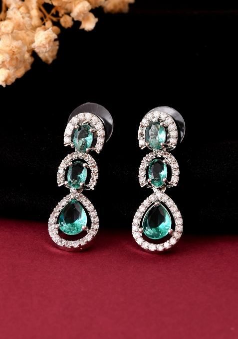 Silver Toned Teal Green Ad Studs Earrings