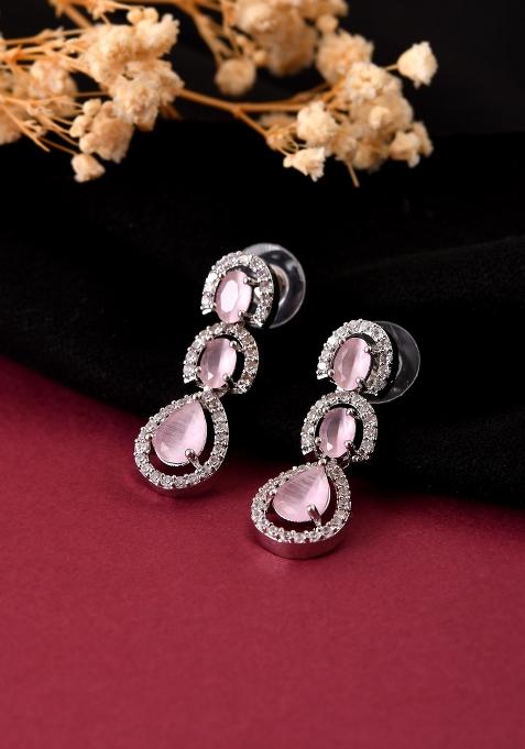 Silver Toned Baby Pink Ad Studs Earrings
