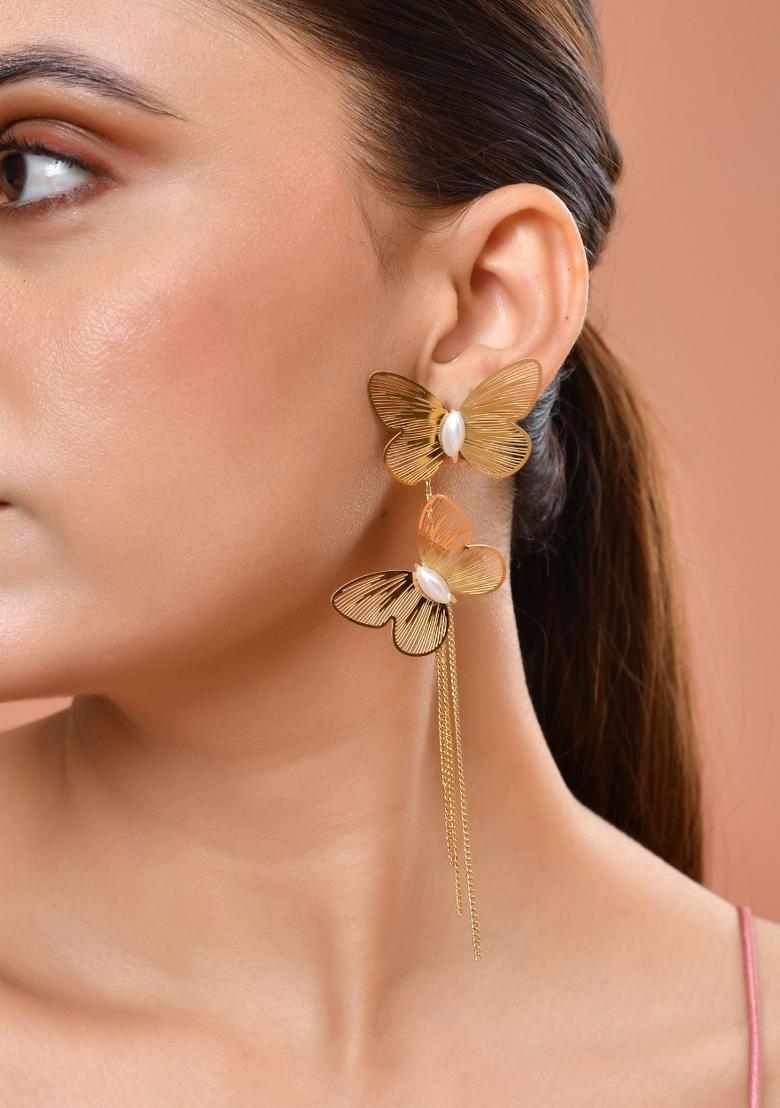 Gold Toned Butterfly Designed Studs Earrings - Indya