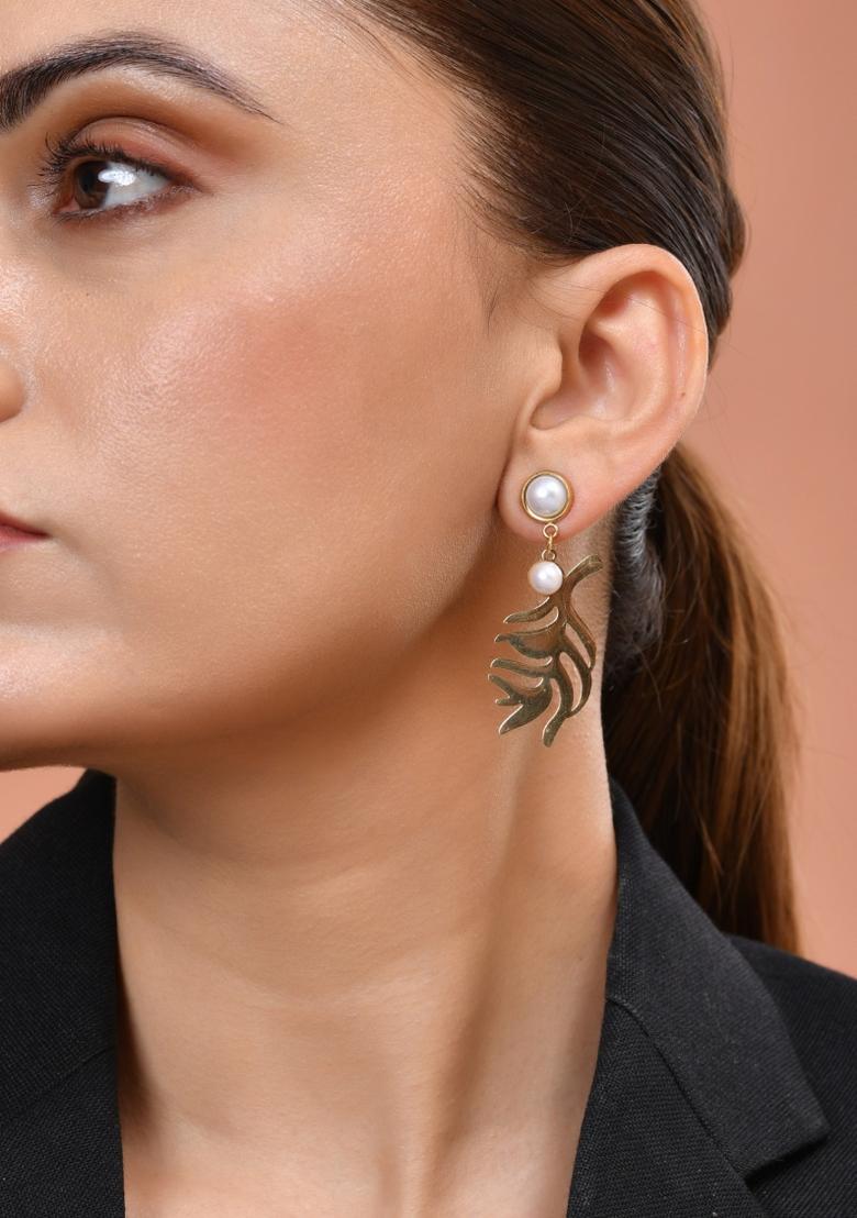 Gold Plated Leaf Designed Earrings With Pearl  - Indya